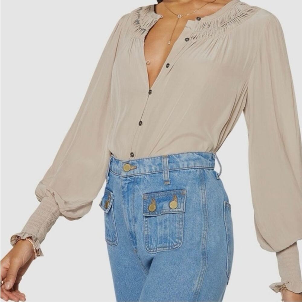 Ramy Brook Isla Button Down Top in Sand Tan Smocked Long Sleeve Blouse Small